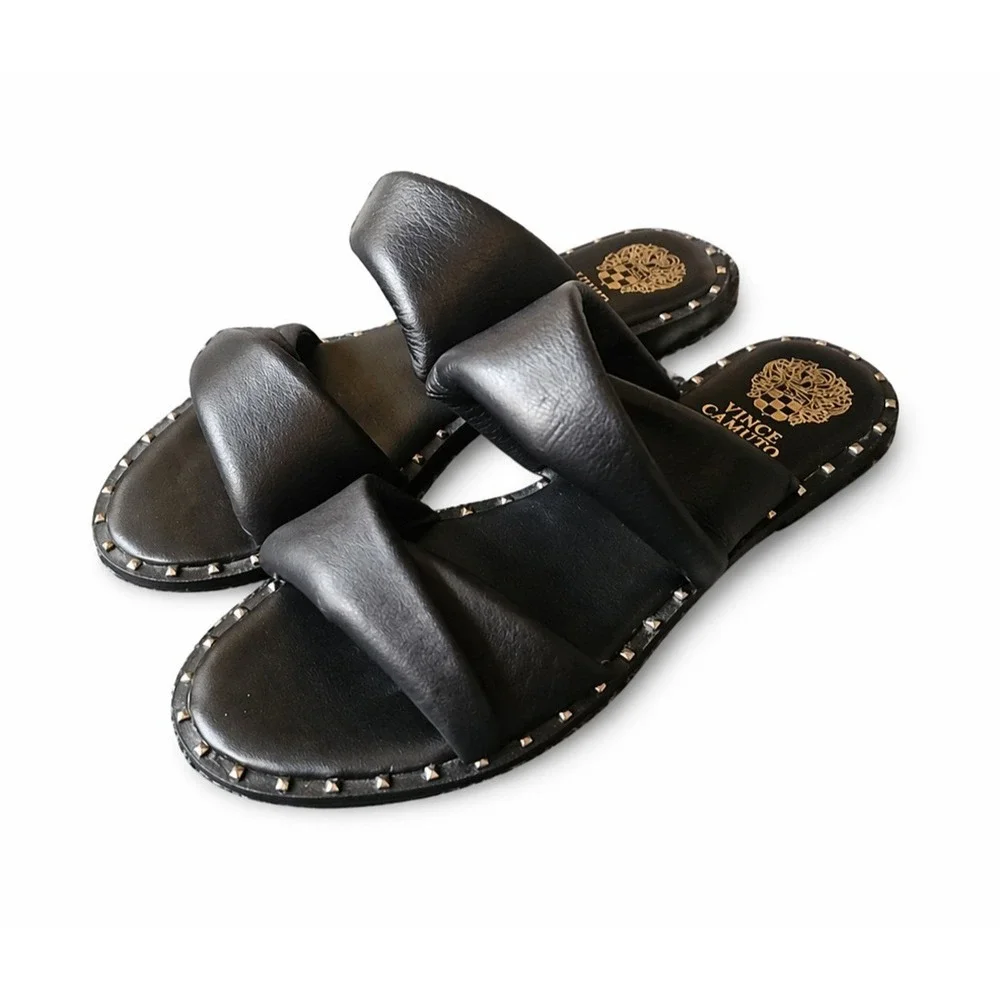 Vince Camuto Women's 6.5 Black Leather Studded Slide Sandals Slip On